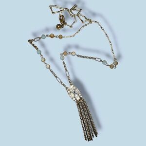 Dainty Gold Tone Clear Rhinestones Blue Crystals Y-drop Fringe‎ Necklace